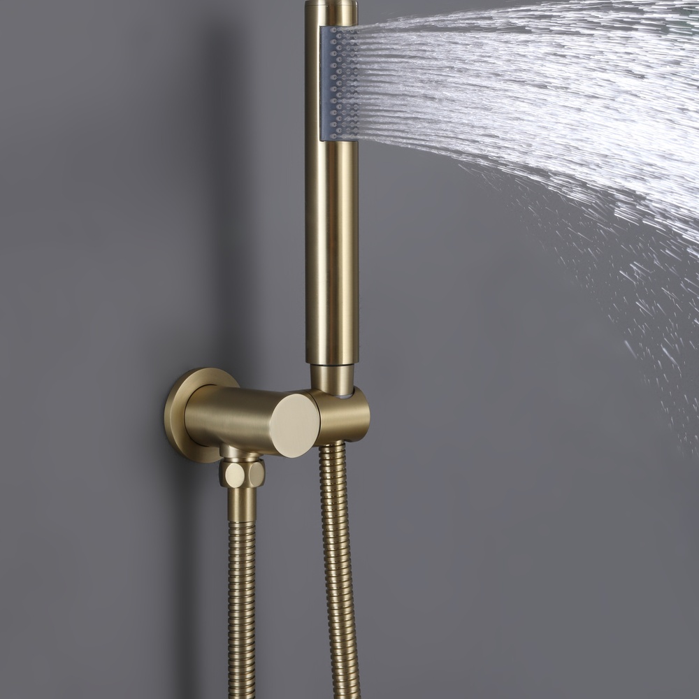 SHUIDAO Brushed Gold Concealed Shower System with Round Rain Head, Wall-Mount Arm, Dual-Function In-Wall Valve & Hand Shower