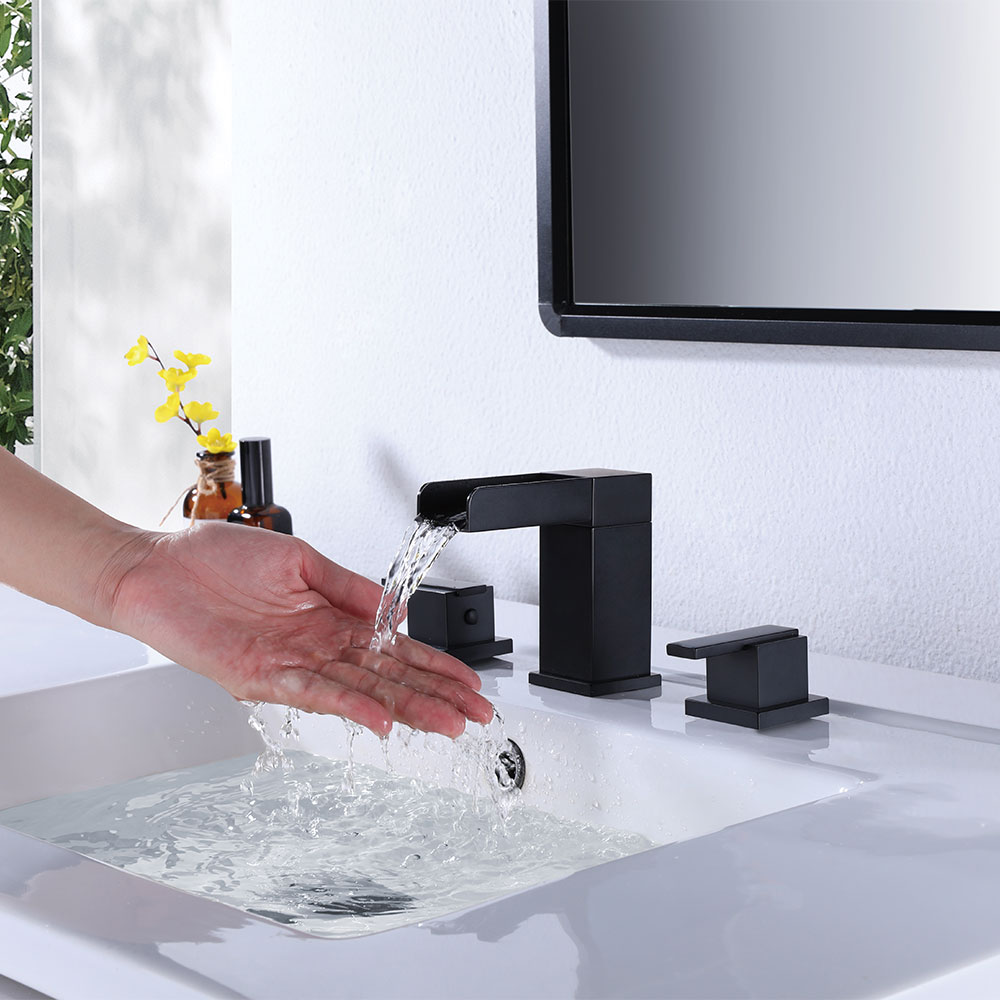 Matte Black 8-Inch Widespread Basin Faucet with Square Open-Face Waterfall Spout & Dual Square Lever Handles