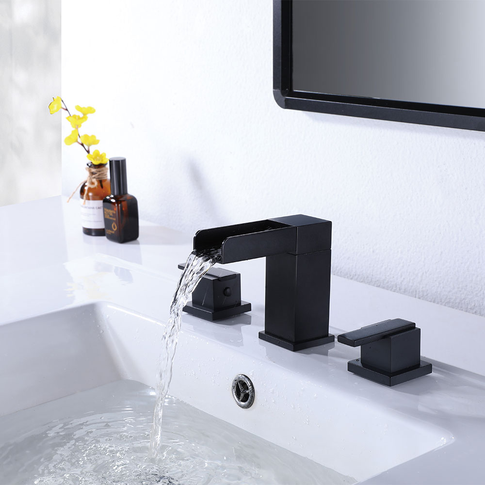 Matte Black 8-Inch Widespread Basin Faucet with Square Open-Face Waterfall Spout & Dual Square Lever Handles