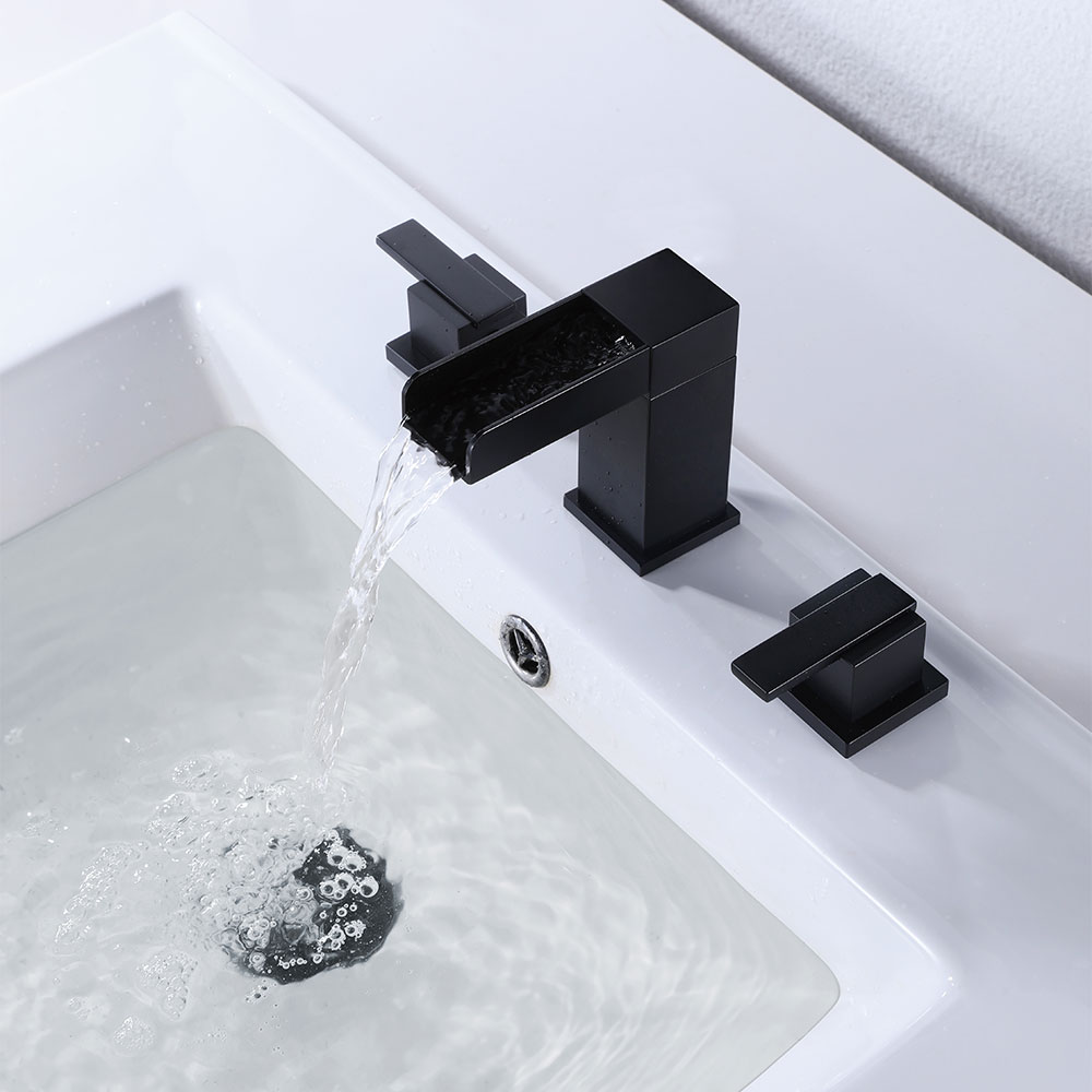 Matte Black 8-Inch Widespread Basin Faucet with Square Open-Face Waterfall Spout & Dual Square Lever Handles