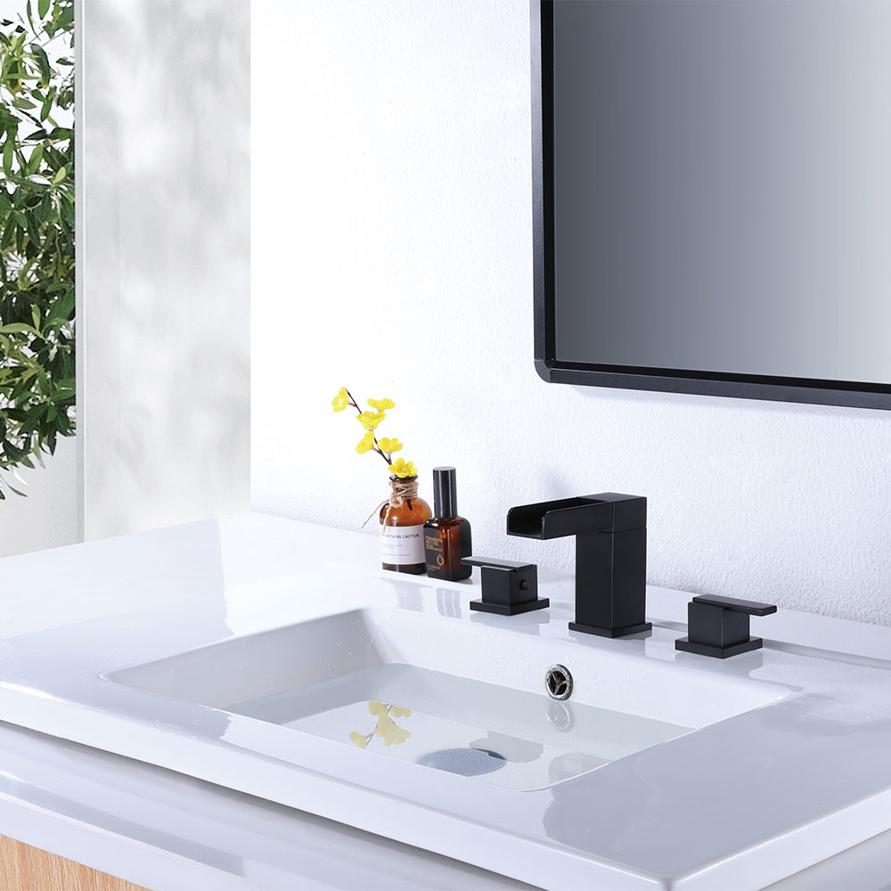 Matte Black 8-Inch Widespread Basin Faucet with Square Open-Face Waterfall Spout & Dual Square Lever Handles