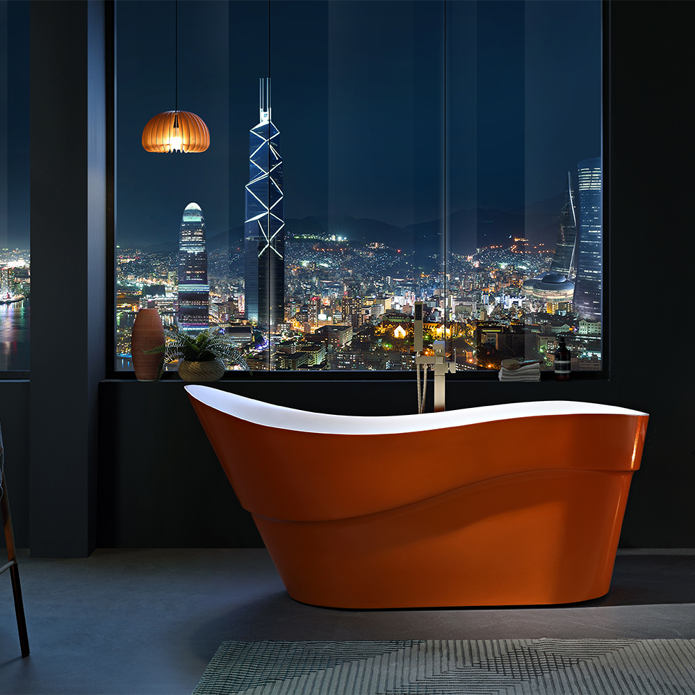 Burnt Orange Metallic Oval Slipper Freestanding Bathtub with Brushed Nickel Square Floor-Mount Filler