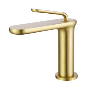 SHUIDAO Brushed Gold Single-Hole Basin Faucet with Rounded-Square Body Waterfall Spout & L-Shaped Round Stick Lever Handle