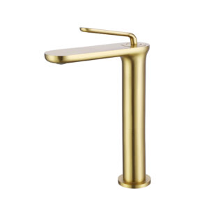 Brushed Gold Tall Single-Hole Vessel Basin Faucet with Tapered Column, Arched Neck & L-Shaped Round Stick Handle