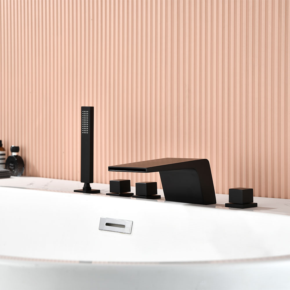 SHUIDAO Matte Black 5-Hole Deck-Mount Bathtub Faucet Set with Wide Waterfall Spout, Dual Square Handles, Diverter & Hand Shower