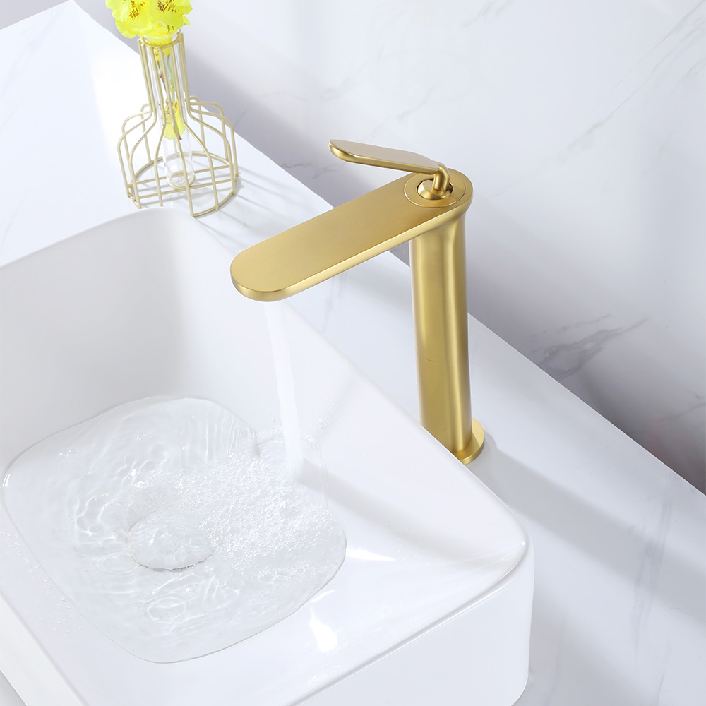 Brushed Gold Tall Single-Hole Vessel Basin Faucet with Tapered Column, Arched Neck & L-Shaped Round Stick Handle