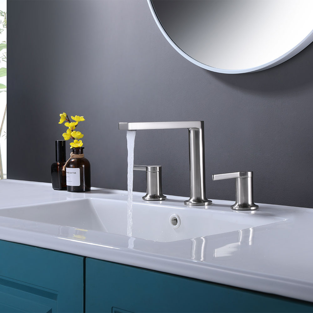 SHUIDAO Brushed Nickel 8-Inch Widespread Basin Faucet with Square Vertical Spout & Dual Cylinder Lever Handles