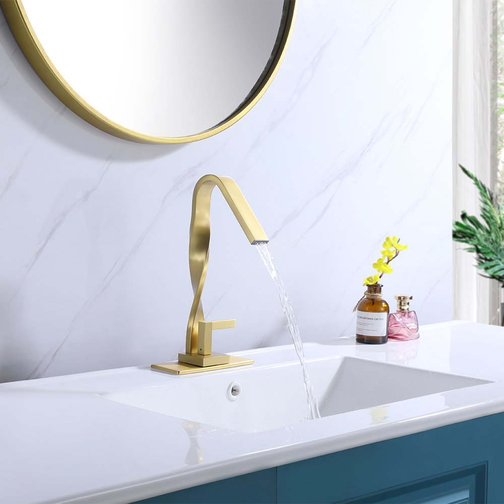 Brushed Gold Single-Hole Basin Faucet with Twisted Spiral Body, Aerator Spout & Square Lever Handle