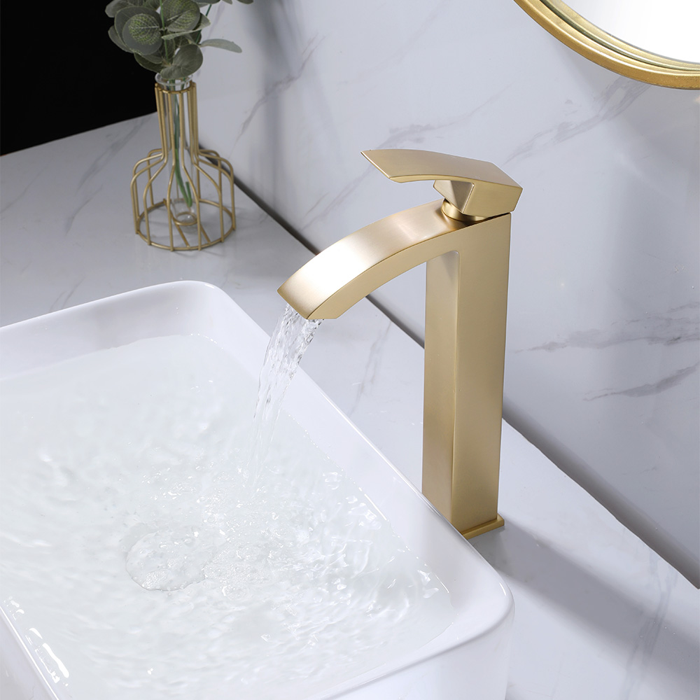 SHUIDAO Brushed Gold Tall Vessel Basin Faucet with Arched Square-Body Waterfall Spout — Side View