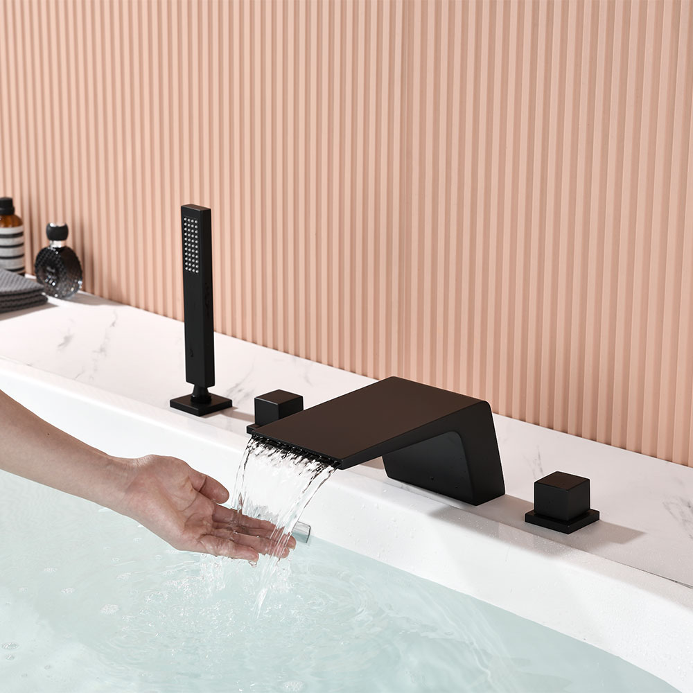 SHUIDAO Matte Black 5-Hole Deck-Mount Bathtub Faucet Set with Wide Waterfall Spout, Dual Square Handles, Diverter & Hand Shower