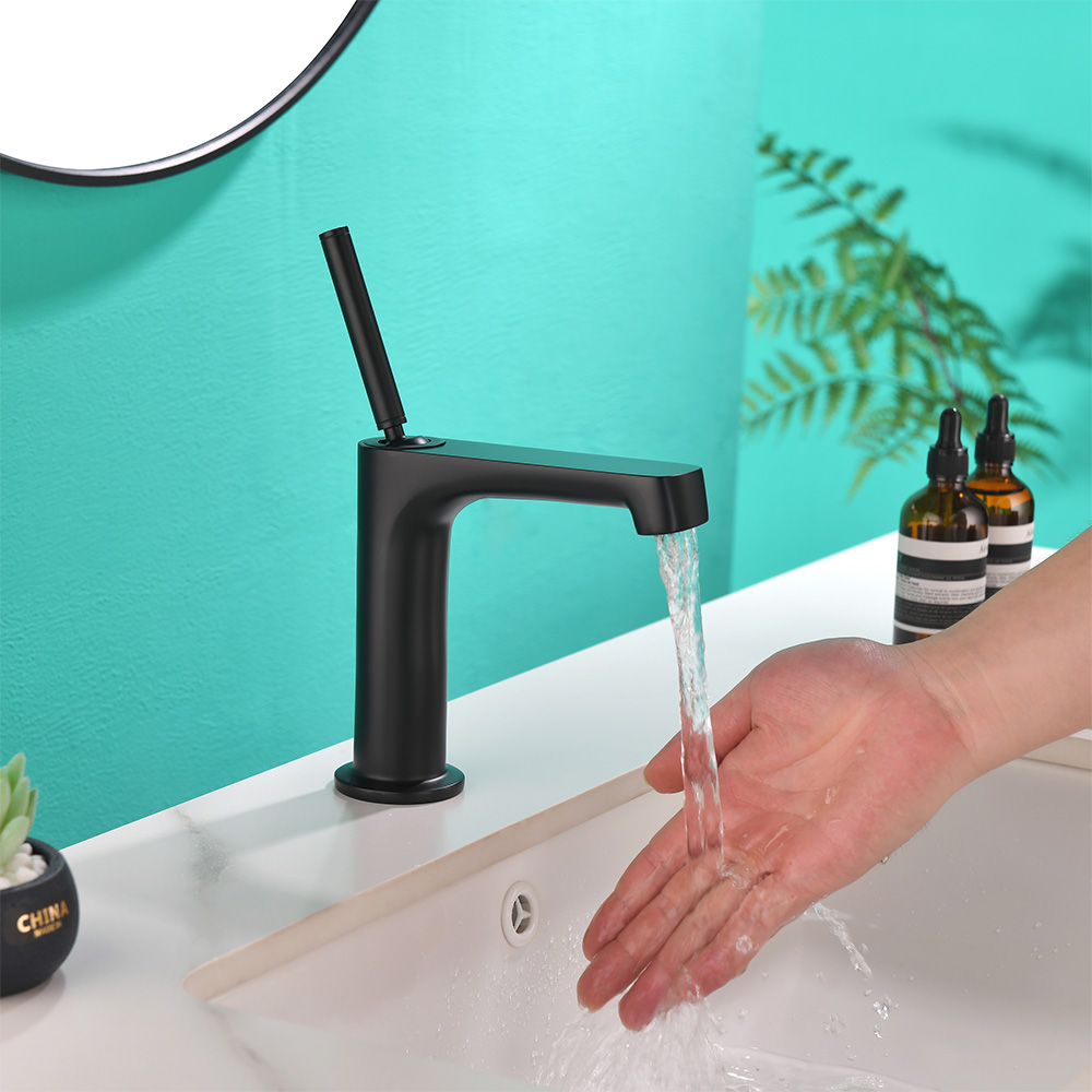 SHUIDAO Matte Black Single-Hole Basin Faucet with Square-Section L-Body Waterfall Spout & Angled Slim Round Lever Handle