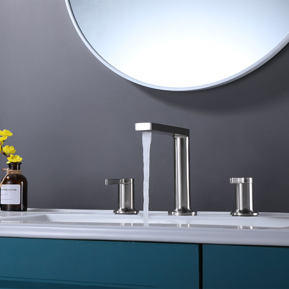 SHUIDAO Brushed Nickel 8-Inch Widespread Basin Faucet with Square Vertical Spout & Dual Cylinder Lever Handles