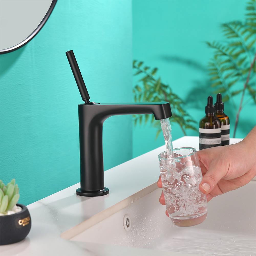 SHUIDAO Matte Black Single-Hole Basin Faucet with Square-Section L-Body Waterfall Spout & Angled Slim Round Lever Handle