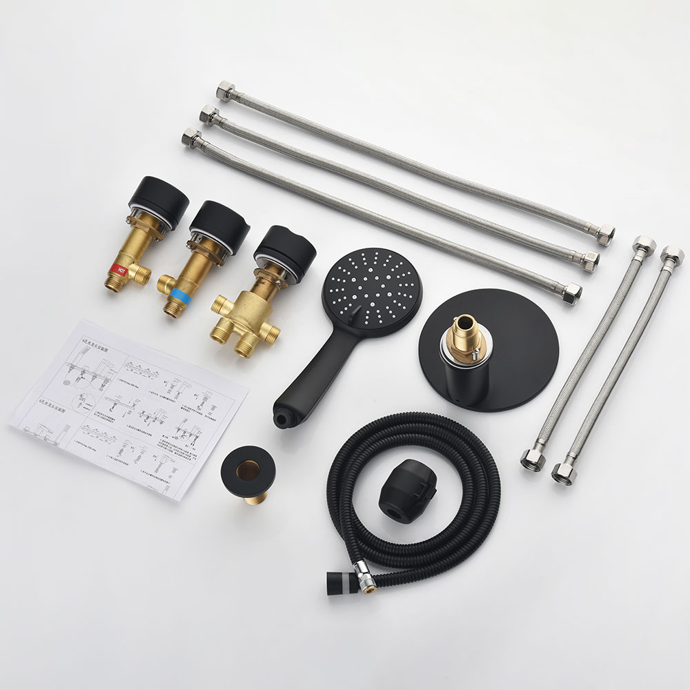 Matte Black Round Series 5-Hole Deck-Mount Bathtub Faucet Set with Disc Waterfall Spout, Dual Cylinder Handles, Diverter & Hand Shower