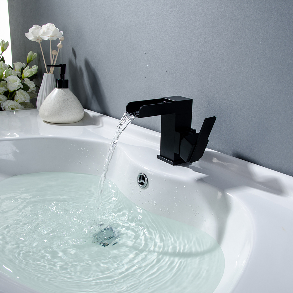 Matte Black Single-Hole Waterfall Basin Faucet with Square Spout & Angular Lever Handle