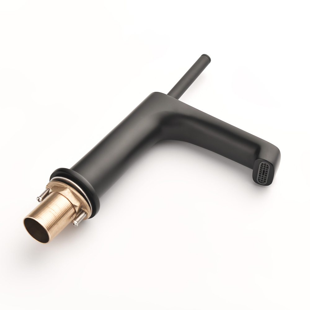 SHUIDAO Matte Black Single-Hole Basin Faucet with Square-Section L-Body Waterfall Spout & Angled Slim Round Lever Handle