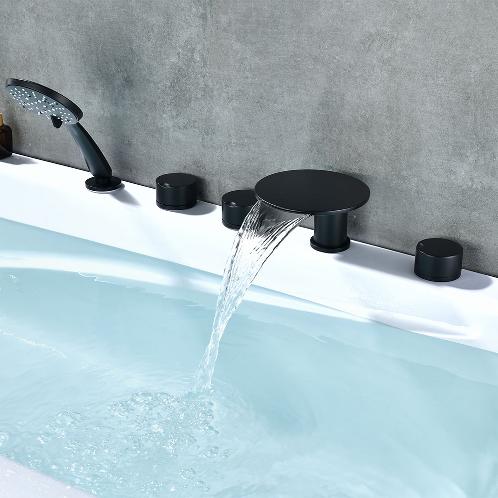 Matte Black Round Series 5-Hole Deck-Mount Bathtub Faucet Set with Disc Waterfall Spout, Dual Cylinder Handles, Diverter & Hand Shower