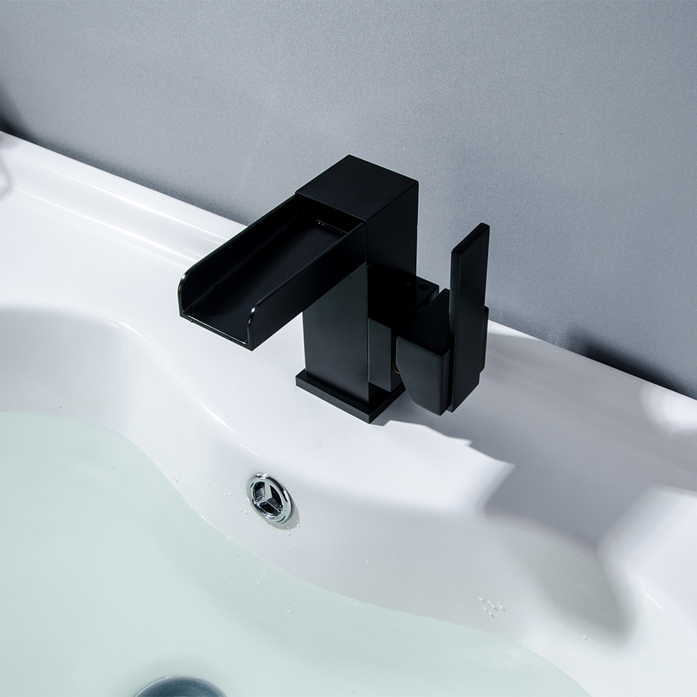 Matte Black Single-Hole Waterfall Basin Faucet with Square Spout & Angular Lever Handle