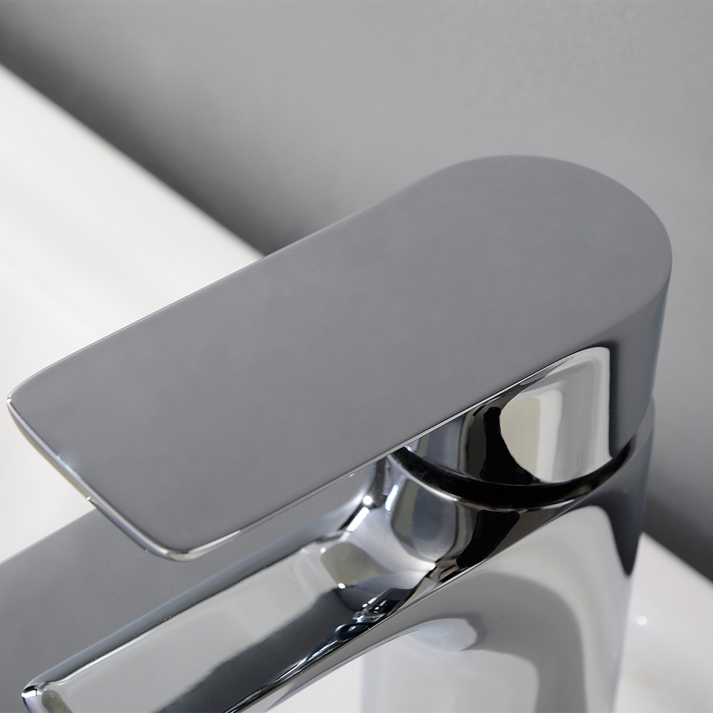 SHUIDAO Polished Chrome Single-Hole Basin Faucet with Waisted Square Body, Duck-Bill Waterfall Spout & Angled Paddle Handle