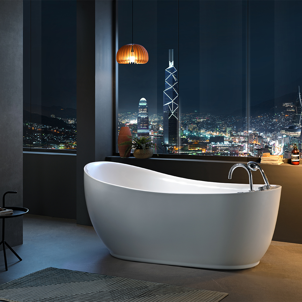 SHUIDAO Oval Freestanding Whirlpool Bathtub with Side-Wall Jets & 5-Hole Chrome Deck-Mount Filler