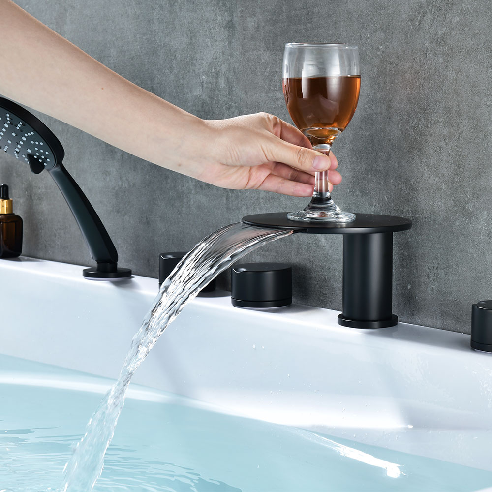 Matte Black Round Series 5-Hole Deck-Mount Bathtub Faucet Set with Disc Waterfall Spout, Dual Cylinder Handles, Diverter & Hand Shower