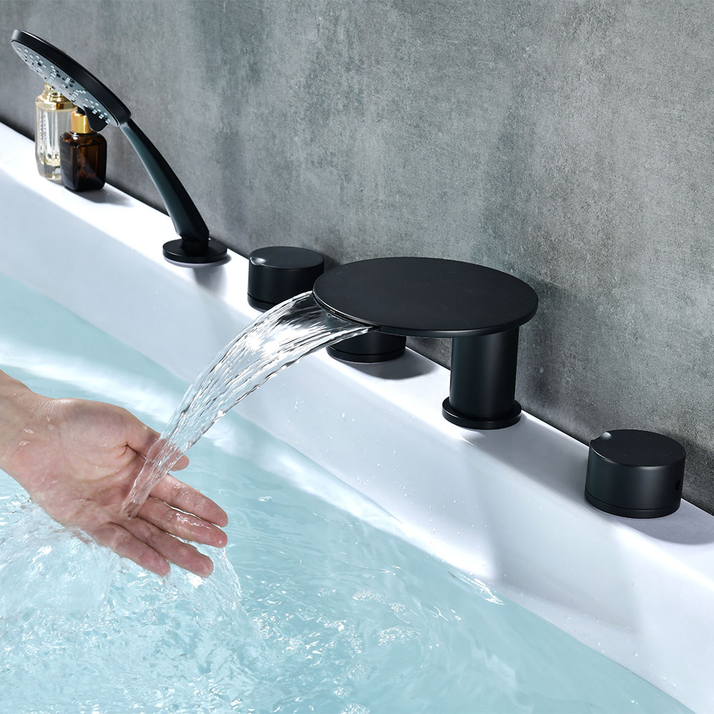 Matte Black Round Series 5-Hole Deck-Mount Bathtub Faucet Set with Disc Waterfall Spout, Dual Cylinder Handles, Diverter & Hand Shower