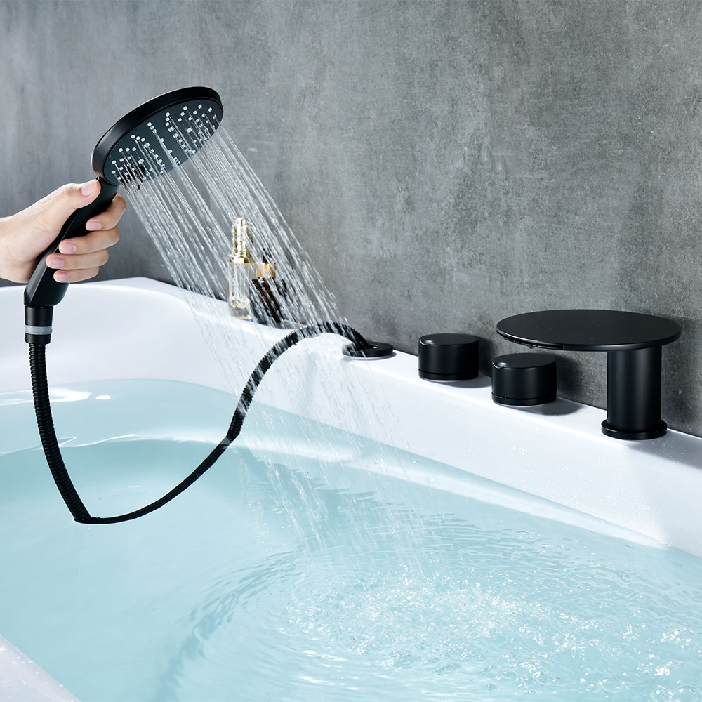 Matte Black Round Series 5-Hole Deck-Mount Bathtub Faucet Set with Disc Waterfall Spout, Dual Cylinder Handles, Diverter & Hand Shower