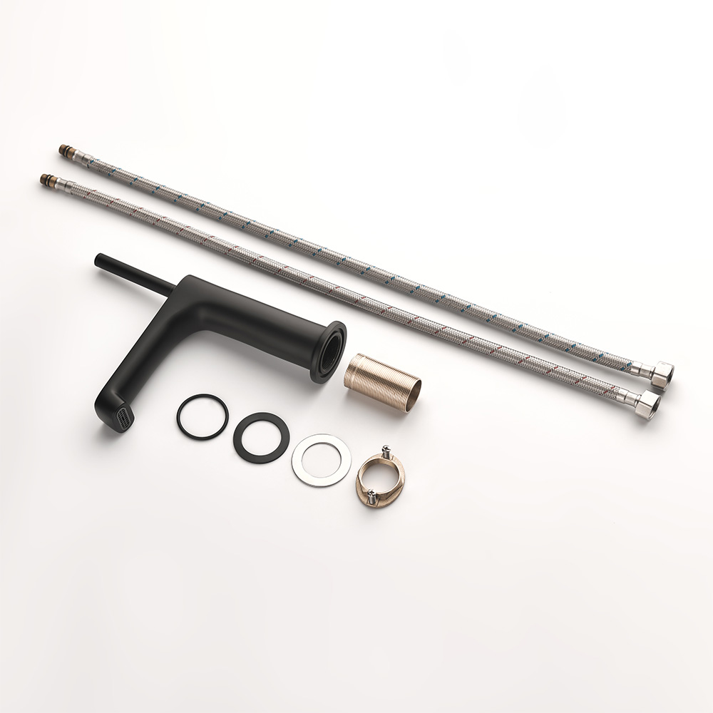 SHUIDAO Matte Black Single-Hole Basin Faucet with Square-Section L-Body Waterfall Spout & Angled Slim Round Lever Handle