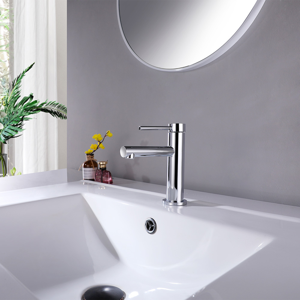 SHUIDAO Polished Chrome Single-Hole Basin Faucet with Cylindrical Spout & Slim Round Lever Handle