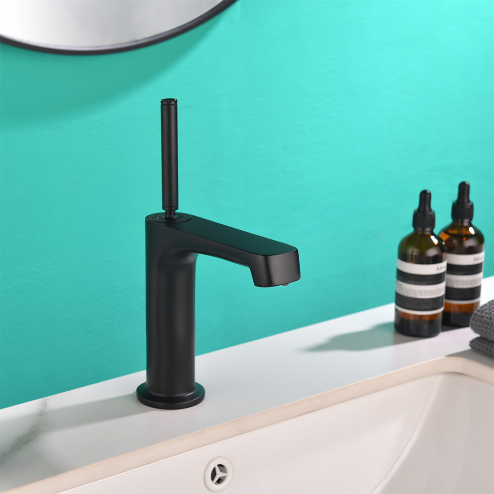 SHUIDAO Matte Black Single-Hole Basin Faucet with Square-Section L-Body Waterfall Spout & Angled Slim Round Lever Handle