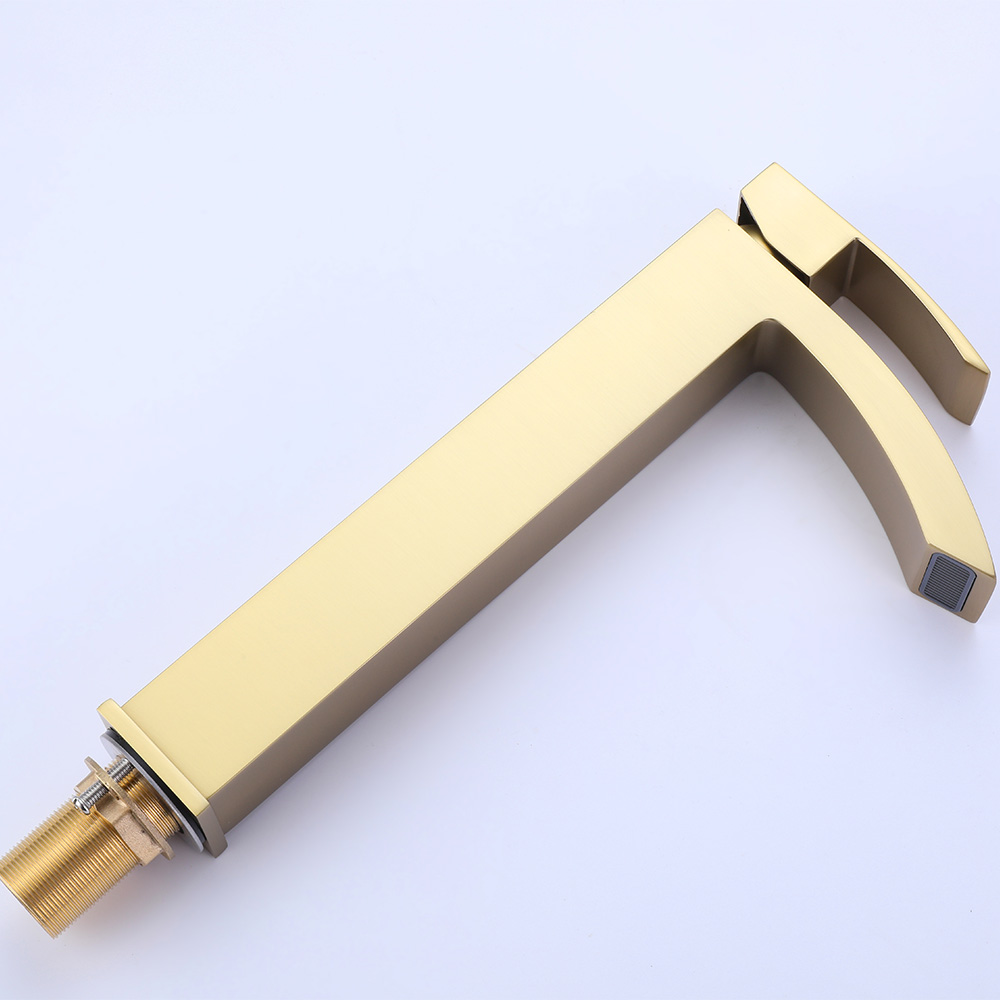 SHUIDAO Brushed Gold Tall Vessel Basin Faucet with Arched Square-Body Waterfall Spout — Side View