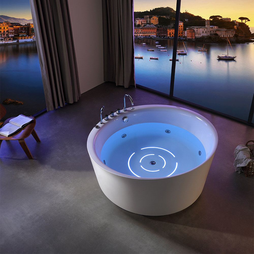 SHUIDAO Round Whirlpool Bathtub with Blue-Purple LED Chromotherapy, Air Bubble System & 5-Hole Chrome Deck-Mount Filler