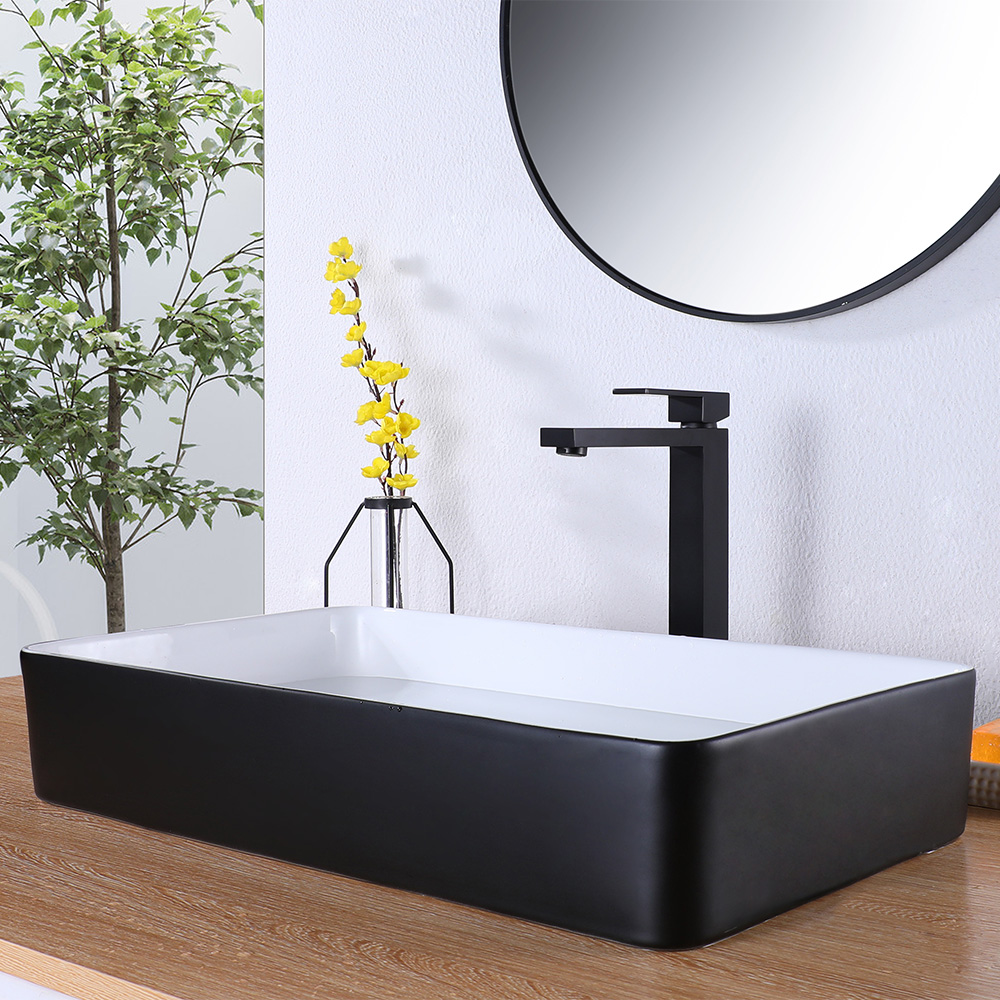SHUIDAO Matte Black Tall Single-Hole Vessel Basin Faucet with Right-Angle Square-Body Waterfall Spout & Flat Paddle Handle
