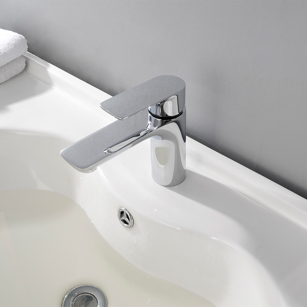 SHUIDAO Polished Chrome Single-Hole Basin Faucet with Waisted Square Body, Duck-Bill Waterfall Spout & Angled Paddle Handle