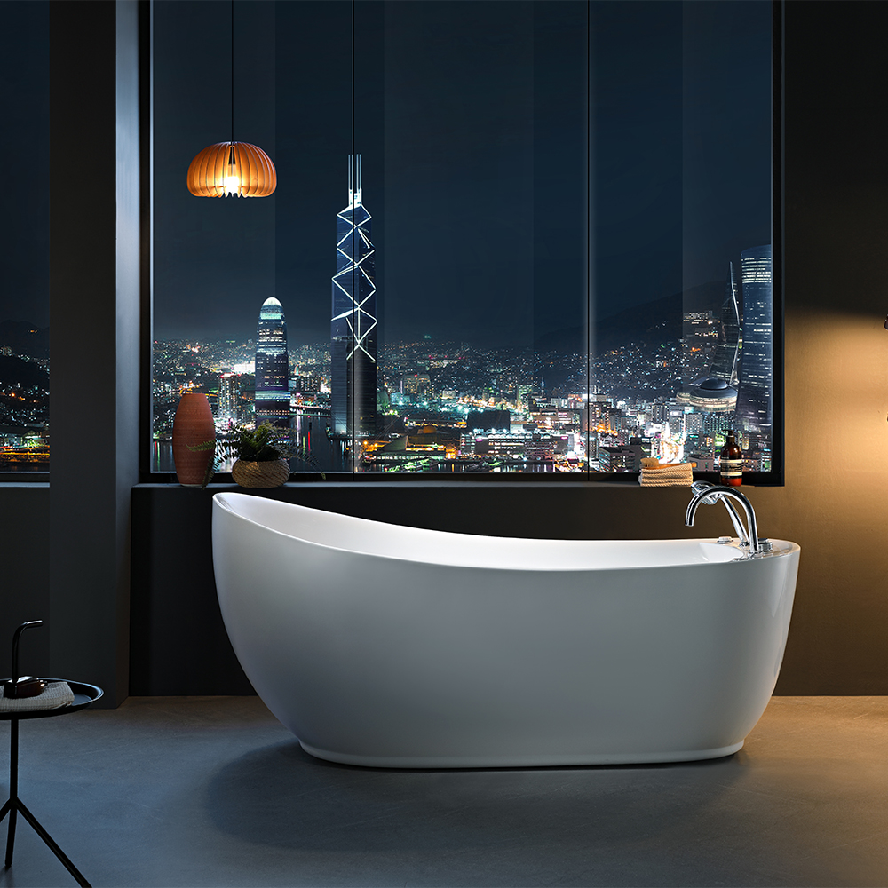SHUIDAO Oval Freestanding Whirlpool Bathtub with Side-Wall Jets & 5-Hole Chrome Deck-Mount Filler