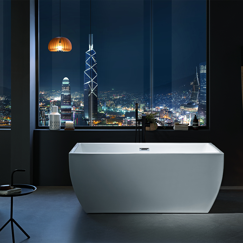 Square-Edge Rectangular Freestanding Bathtub with Matte Black Floor-Mount Filler