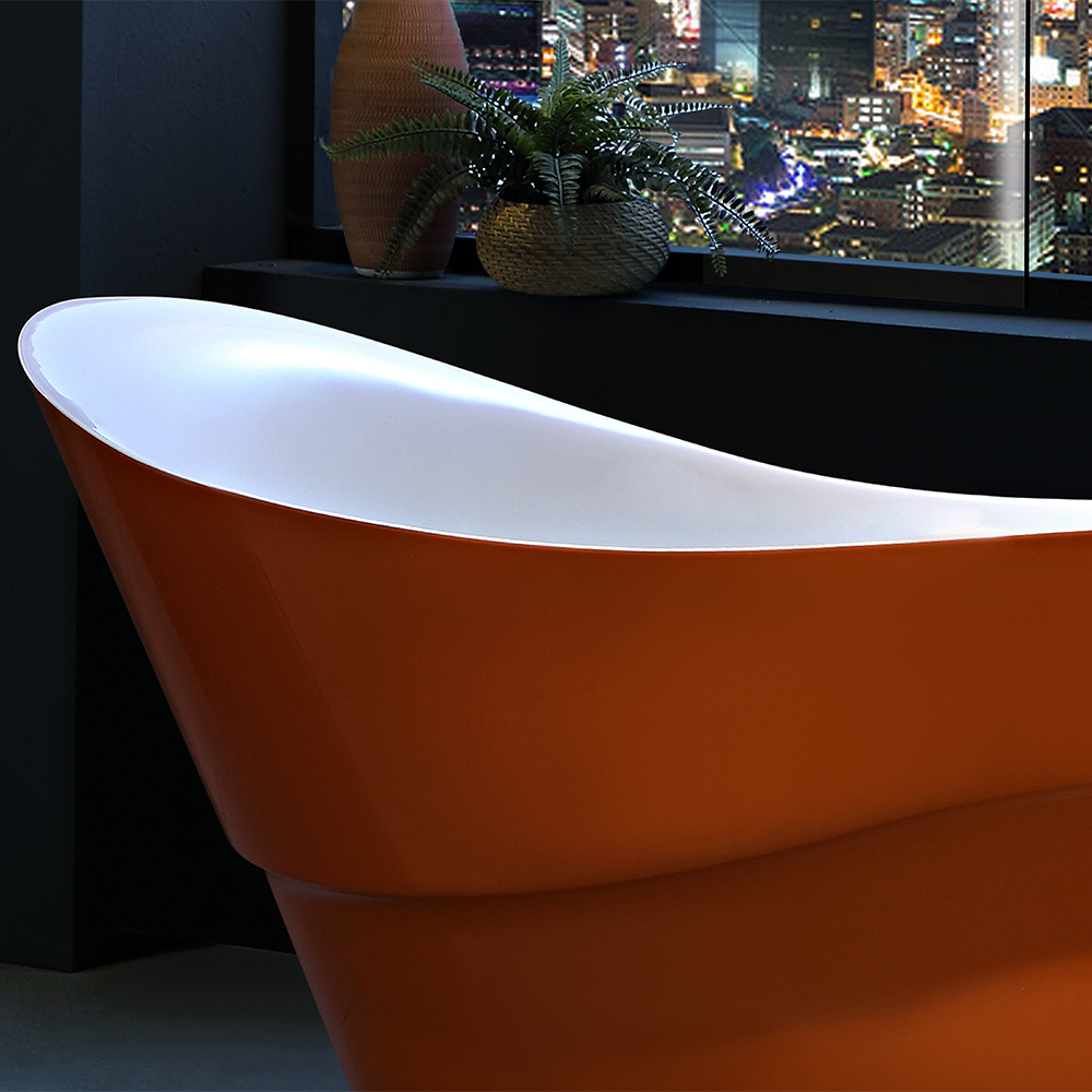 Burnt Orange Metallic Oval Slipper Freestanding Bathtub with Brushed Nickel Square Floor-Mount Filler