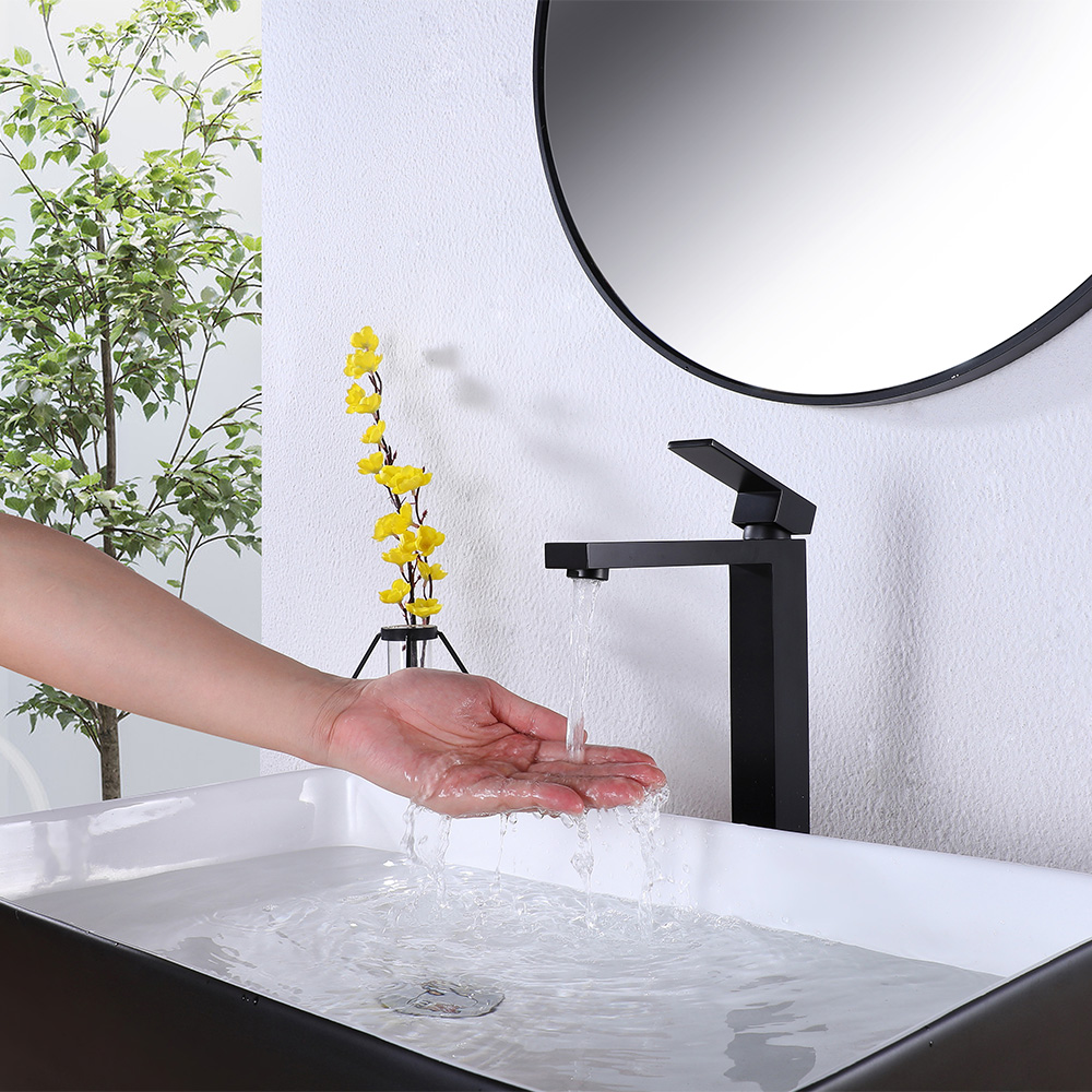 SHUIDAO Matte Black Tall Single-Hole Vessel Basin Faucet with Right-Angle Square-Body Waterfall Spout & Flat Paddle Handle