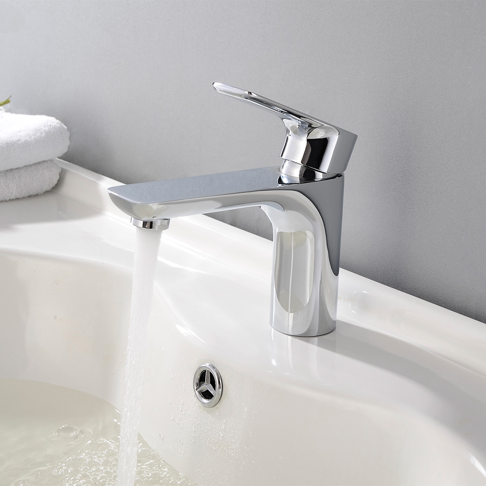 SHUIDAO Polished Chrome Single-Hole Basin Faucet with Waisted Square Body, Duck-Bill Waterfall Spout & Angled Paddle Handle