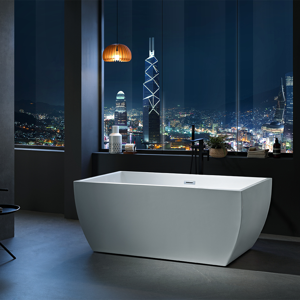 Square-Edge Rectangular Freestanding Bathtub with Matte Black Floor-Mount Filler