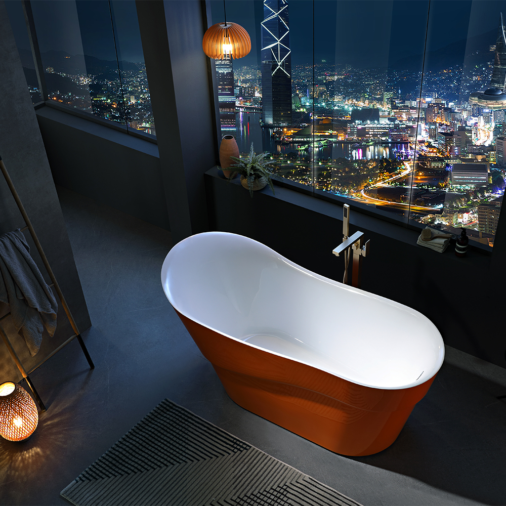 Burnt Orange Metallic Oval Slipper Freestanding Bathtub with Brushed Nickel Square Floor-Mount Filler