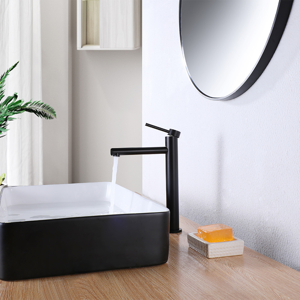 Matte Black Tall Single-Hole Vessel Basin Faucet with Cylindrical Spout & Slim Round Lever Handle