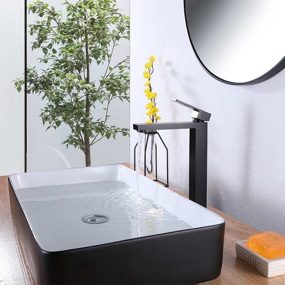 SHUIDAO Matte Black Tall Single-Hole Vessel Basin Faucet with Right-Angle Square-Body Waterfall Spout & Flat Paddle Handle