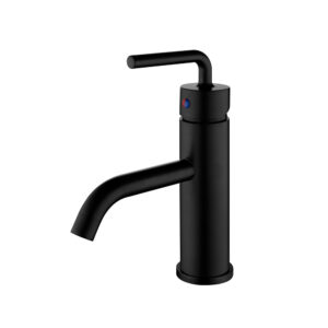 Matte Black Single-Hole Basin Faucet with Curved Round Gooseneck Spout & L-Shaped Round Stick Lever Handle