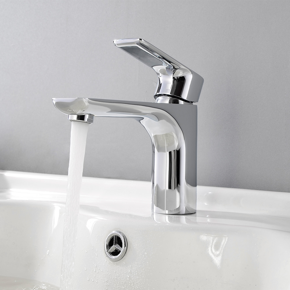 SHUIDAO Polished Chrome Single-Hole Basin Faucet with Waisted Square Body, Duck-Bill Waterfall Spout & Angled Paddle Handle