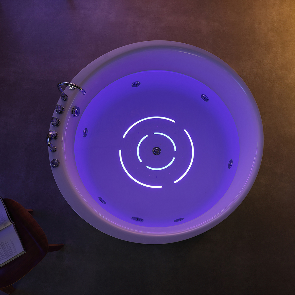 SHUIDAO Round Whirlpool Bathtub with Blue-Purple LED Chromotherapy, Air Bubble System & 5-Hole Chrome Deck-Mount Filler