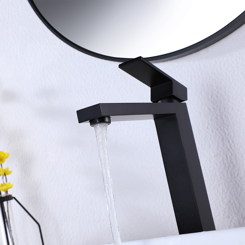 SHUIDAO Matte Black Tall Single-Hole Vessel Basin Faucet with Right-Angle Square-Body Waterfall Spout & Flat Paddle Handle