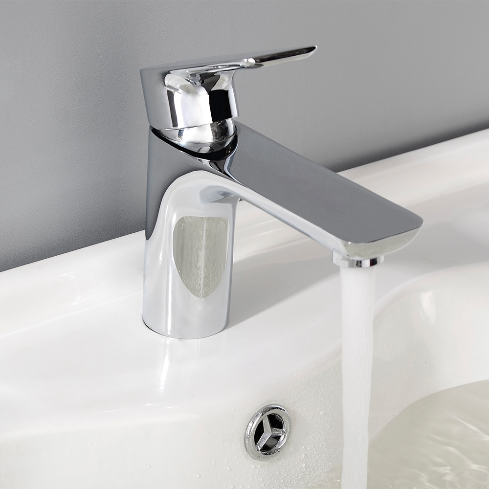 SHUIDAO Polished Chrome Single-Hole Basin Faucet with Waisted Square Body, Duck-Bill Waterfall Spout & Angled Paddle Handle