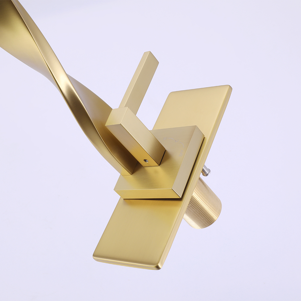 Brushed Gold Single-Hole Basin Faucet with Twisted Spiral Body, Aerator Spout & Square Lever Handle