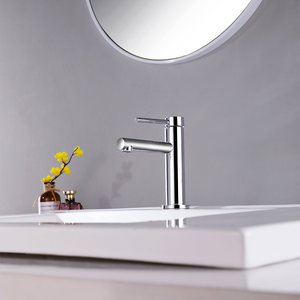SHUIDAO Polished Chrome Single-Hole Basin Faucet with Cylindrical Spout & Slim Round Lever Handle